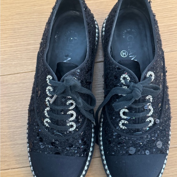 Chanel Black Sequin Oxford Sneakers with Pearl Detailing - Picture 6 of 6